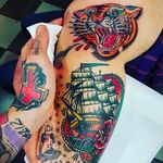 Beautiful galleon and tiger head tattoo by Eddie Czaicki. #eddieczaicki #galleon #tiger #traditionaltattoo #coloredtattoo