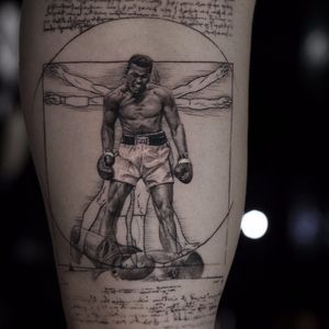 Ali X Vitruvian Man by Niki Norberg #niki23gtr #nikinorberg #blackwork #blackandgrey #MuhammadAli #LeonardodaVinci #portrait #realism #realistic #text #script #geometric #sports #boxing #illustration