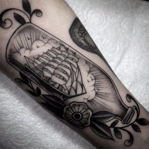 Ship In A Bottle Tattoo by Gianluca Fusco #shipinabottle #blackandgrey #blackandgreyart #fineline #blackandgreyartist #GianlucaFusco
