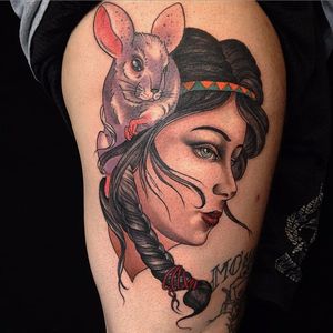 Neo traditional girl with a chinchilla in her hair. #neotraditional #lady #woman #chinchilla #RyanWillard