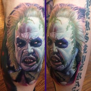 If you say his name three times, do you end up with a Beetlejuice tattoo by Steve Wimmer? (Via IG - stevewimmer) #realism #portrait #stevewimmer #colorportrait  #cultclassic #beetlejuice