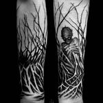 Branch-like creature tattoo by Sergei Titukh. #SergeiTitukh #blackwork #creepy #nightmare #creature #spooky #dark #monster