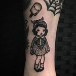 Blackwork little girl tattoo by Sarah Whitehouse. #SarahWhitehouse #Manchester #UK #blackwork #littlegirl #kid #girl #cute #adorable #skeleton #dotwork