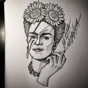Frida tributing Bowie. (via IG - daniel_kickflip_tattooer) #Portraits #Celebrities #Flash #Frida