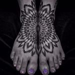 Corey Divine (IG—2coreydivine) shows how mandalas are great for symmetrical feet tattoos. #blackandgrey #CoreyDivine #feet #mandala #stippling