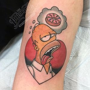Donut tattoo by Tony Tovar. #TonyTovar #DolorosaTattooCo #donut #homersimpson #thesimpsons #simpsons #tv #cartoon