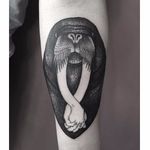Surrealistic walrus tattoo by Abes #Abes #blackwork #surrealistic #walrus #hands #holdinghands