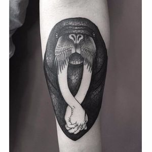 Surrealistic walrus tattoo by Abes #Abes #blackwork #surrealistic #walrus #hands #holdinghands