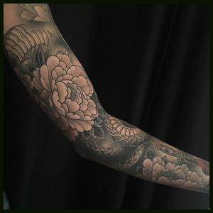 Black and grey snake and peony sleeve made by Matt Beckerich #peony #kingofflowers #botan #sleeve #flower #blackandgrey #MattBeckerich