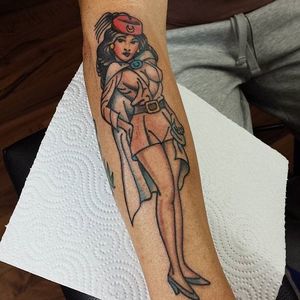 Hostess Pin Up Girl Tattoo by Colo López #pinup #pinupgirl #oldschoolpinup #traditionalpinup #traditionalgirl #traditional #ColoLopez