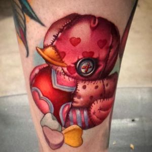 Sewing themed patchy rubber ducky tattoo by Steven Compton. #newschool #rubberduck #StevenCompton #rubberducky #sewing #patches