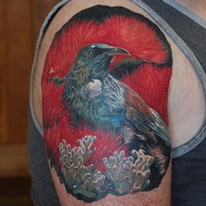 This tattoo by Norton Hollows won first place at the NZ International Tattoo Expo held in Tauranga  Photo credit Tracy Hardy #kiwiana #bird #birdtattoo  #fantail #tui #Pohutukawa #newzealand