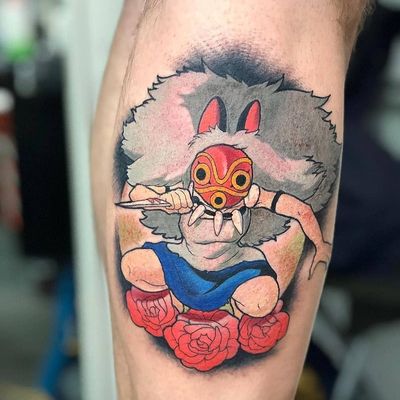 Princess Mononoke tattoo by JimmYimier #JimmYimier #studioghiblitattoo #color #newtraditional #anime #manga #movietattoo #princessmononoke #roses #flowers #floral #knife #mask #warrior