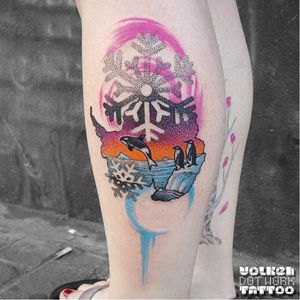 Snowflake tattoo by Volken #Volken #snowflake #killerwhale #penguin #sealife #dotwork #watercolor #graphic