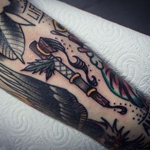 Peace Pipe Tattoo by Sascha Friederich #peacepipe #pipe #smoke #NativeAmericaTattoo #traditional #SaschaFriedrich
