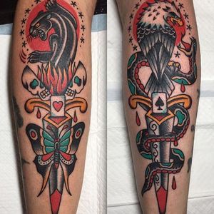 A badass pair of matching dagger tattoos via Andrew Mcleod (IG—peppermintjones). #AndrewMcleod #butterfly #dagger #eagle #panther #skull #snake #traditional