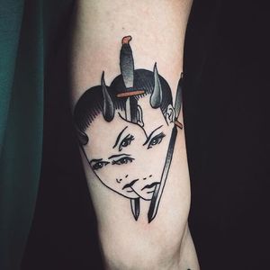 Face dagger tattoo by Matt Cooley. #MattCooley #dagger #face
