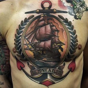 A portrait of a clipper inside of an anchor by Andres Inkman (IG—andresinkman). #anchor #AndresInkman #clipper #olivebranches #traditional