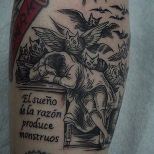 Tattoo by Franco Maldonado #FrancoMaldonado #blackandgrey #illustrative #newtraditional #darkart #surrealistic #linework #rading #Goya #FranciscoGoya #demons #oys #monsters #text #quote