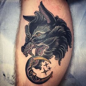 A wolf's head with a cresenct moon dangling from its jaws by Heather Bailey (IG—cathedraloftears). #cresentmoon #gothic #HeatherBailey #traditional #wolf
