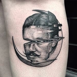 Glitch moon man tattoo by Max Amos. #MaxAmos #blackwork #glitch #pointillism #dotwork #moon #man
