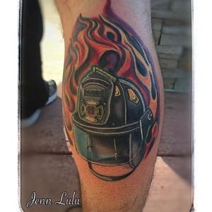 Flaming helmet, by Jennifer Llewellyn #helmettattoo #firefigther