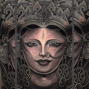 Hindu Goddess Portrait by Jondix #Jondix #blackandgrey #portrait #ladyhead #bodysuit #Shiva #Hindu #deity #goddess #god #jewelry #ornamental #pattern #unalome #lotus #flowers #geometric #lady #tattoooftheday