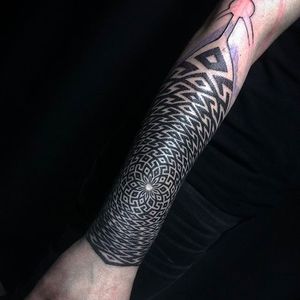 Super intricate detail work on this geometric forearm tattoo done by Anich Andrew. #anichandrew #geomtry #mandala #geometric #blackwork