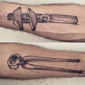 Sketchy, illustrative tattoos of tools, by L'oiseau (via IG—loiseautattoo) #Sketchy #Illustrative #Blackwork #Loiseau