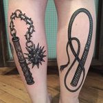 Black and grey mace and whip calf tattoos by Tamara Santibanez. #blackandgrey #neotraditional #weapon #mace #whip #TamaraSantibanez