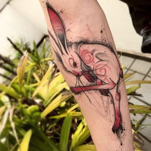 Bunny tattoo by Marcella Alves #MarcellaAlves #bunnytattoo #color #linework #redink #illustrative #bunny #rabbit #nature #animal #trashpolka #tribal