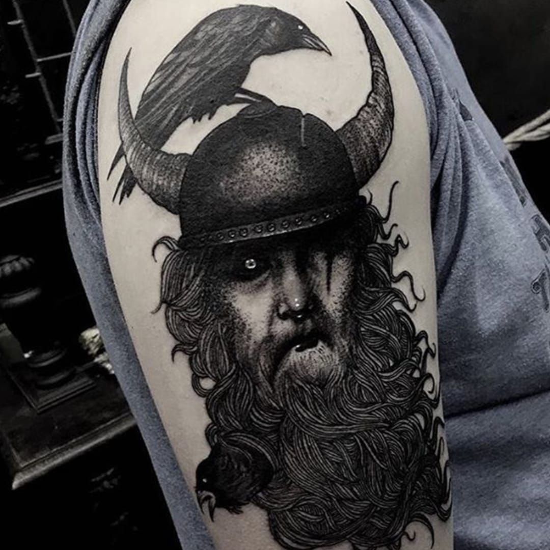 Tattoo uploaded by Ross Howerton • A magical black and grey depiction of  Odin from Aaron Riddle's body of work (IG—aaronriddletattoos). #AaronRiddle  #AmericanGods #blackandgrey #Odin • Tattoodo