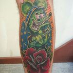 A Rat Fink done up like the Virgin Mary by Angela Bailey (IG—apbailey_tattoos). #AngelaBailey #EdRoth #RatFink #rose #traditional