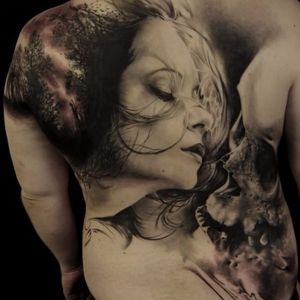Intense tattoo by Florian Karg #Florian Karg #trashstyle #trashart #trash #trashpolka #realistic #dark #horror #graphic #deathandlife #portrait #skull