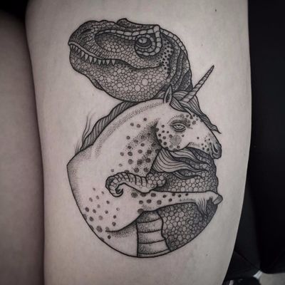 Proof that T-rex can hug, n Unicorns exist by Suflanda #suflanda #SusanneKonig #blackandgrey #blackwork #linework #dotwork #unicorn #trex #dinosaur #mythical #horse #hair #scales #fantasy #tattoooftheday