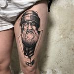 The Old Man and the Sea. Tattoo by Paulina Kemnitz #PaulinaKemnitz #sailortattoos #blackandgrey #illustrative #sketch #sailor #oldman #portrait #beard #raindrops #heart #seafarer #captain