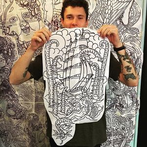 One of Joel Soos' clients shows off the stencil for his backpiece. (via IG—joel_soos) #JoelSoos #Backpiedce #Bodysuit #Huge #Stencil