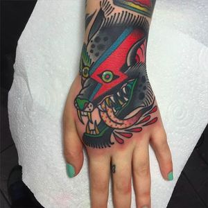 Hyena hand tattoo by Teide Tattoo #TeideTattoo #SevenDoorsTattoo #Neotraditional #ziggystardust #lightning #Eccentric #AnimalTattoos #Hyena #Hand