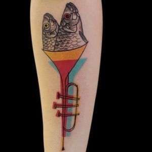 Trumpet tattoo by Loreprod #Loreprod #surrealistic #graphic #trumpet #fish