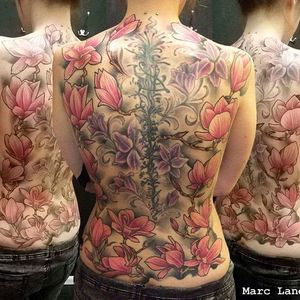 Magnolia madness! Full-on flowery back piece by Marc Lane. #magnolia #flower #neotraditional #MarcLane #backpiece