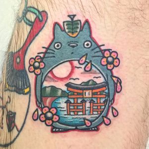 Totoro by Dani Queipo #DaniQueipo #color #newtraditional #Totoro #cherryblossoms #leaf #nature #japanese #anime #movietattoo #StudioGhibli #landscape #forestspirit #tattoooftheday