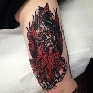 Burning Witch Tattoo by Lewis Mckechnie #witch #witchtattoo #burningwitch #burningwitchtattoo #witchhunt #witchhunttattoo #horrortattoo #LewisMckechie