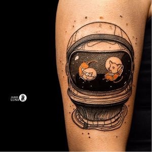 Fun space tattoo by Jamie Luna #JamieLuna #blackwork #space #cosmonaut #dog