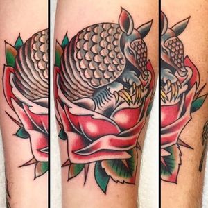 Armadillo and red rose tattoo by Brandon Huckabey. #rose #redrose #armadillo #traditional #BrandonHuckabey