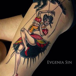 Lady puppet and the string holder, awesome work by Evgenia Sin. #EvgeniaSin #neotraditional #coloredtattoo #thehand #puppet