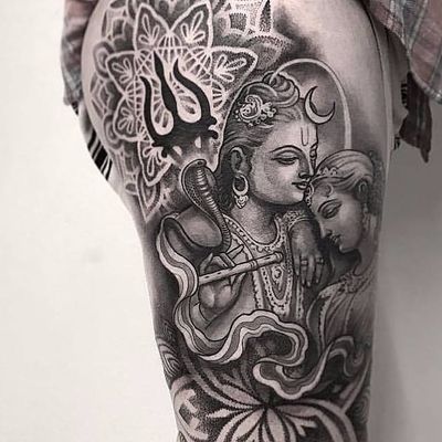 Shiva and Parvati: collab by Sean Hall & London Reese #SeanHall #LondonReese #blackandgrey #collab #Hindu #Hinduism #Shiva #Parvati #love #cobra #moon #jewelry #flute #mandala #trident #tattoooftheday