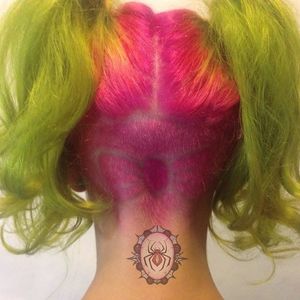 Undercut hair tattoo by Jessie J. Hall. #undercut #hair #trend #bow #spider