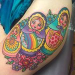 Russian dolls tattoo by Sarah K #SarahK #neotraditional #russiandolls #dolls #flowers #rainbow #sunflower #teapot #colorful #girly #matryoshkadoll #matryoshka #flowers