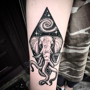 Starry Elephant and Octopus Tattoo by Merry Morgan @Merry_tattooer#MerryMorgan #MerryTattooer #black #blackwork #blckwrk #starrytattoo #starrynight #blacktattooing #btattooing #BlackInc #Elephant #Octopus