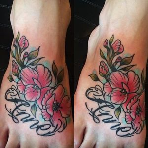 Neo traditional freesia foot tattoo by Chloe Aspey. #neotraditional #flower #freesia #botanical #ChloeAspey